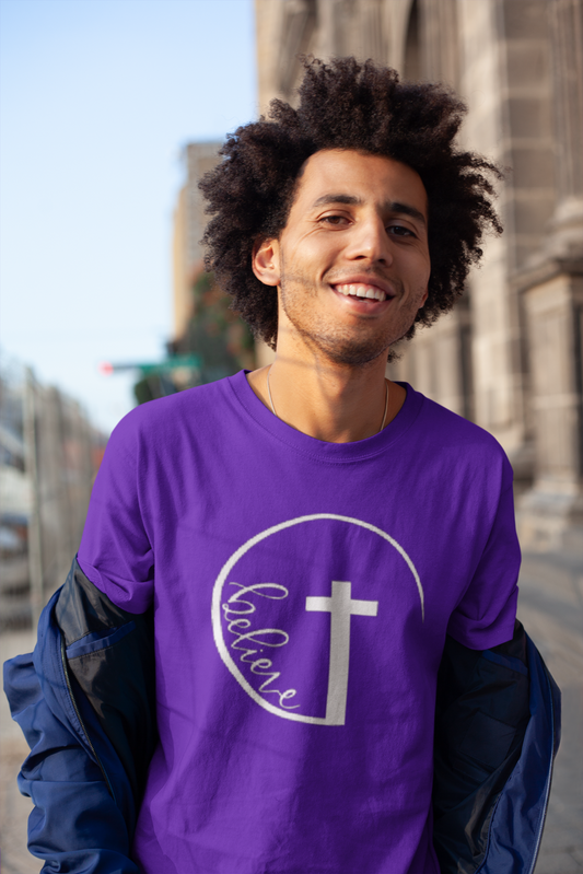 Men’s Short Sleeve T-shirt, Believe Cross Tee, Purple Shirt, Christian T-shirt